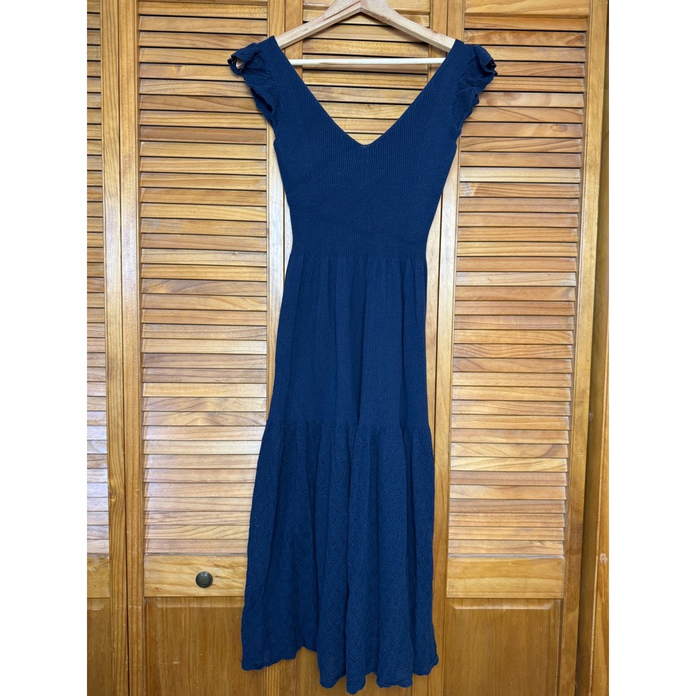 La Vie Rebecca Taylor Navy Blue Ribbed Knit Flutter Sleeve Midi Dress 320892Y945